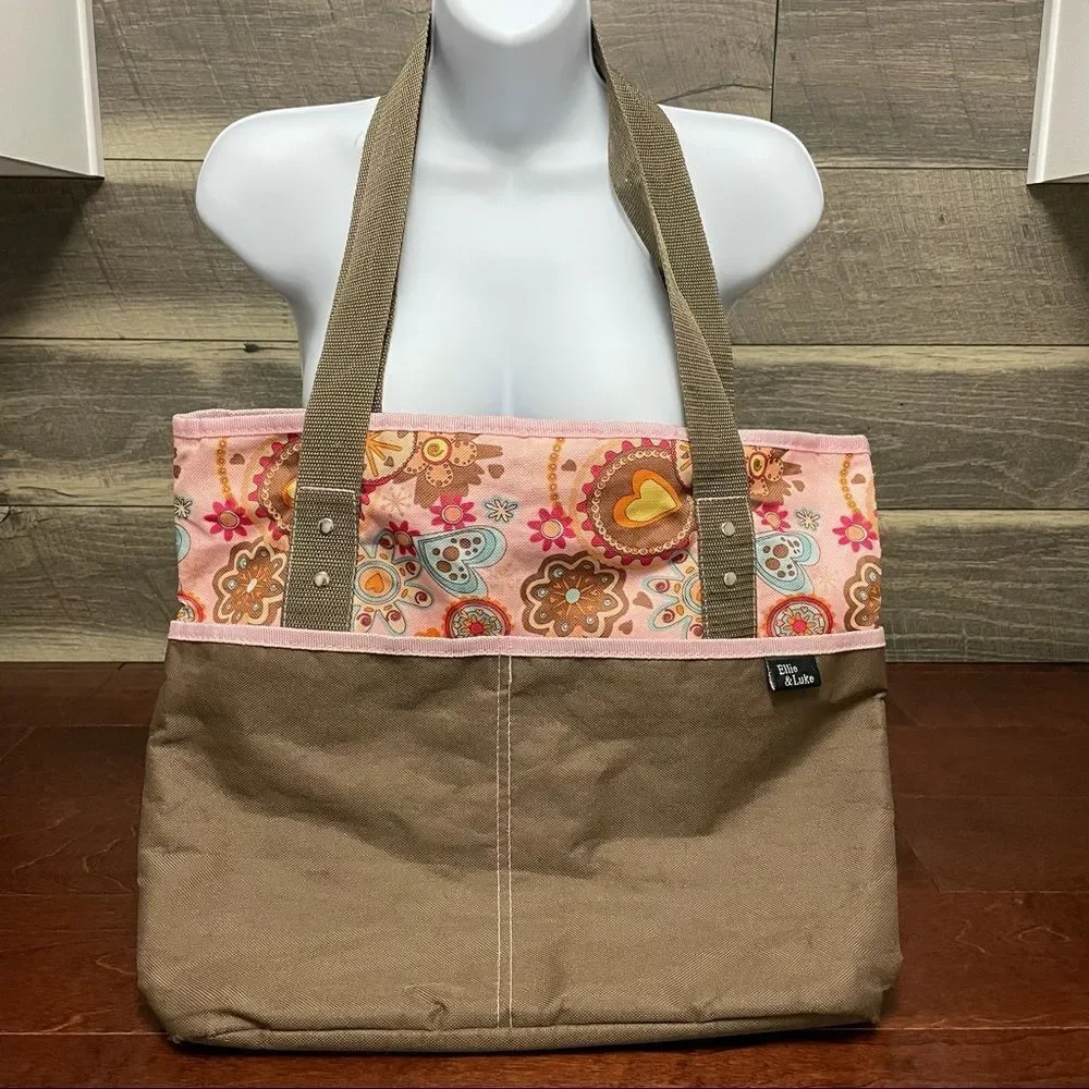 Ellie & Luke Diaper Bag Pink and Khaki Flowers and Hearts
